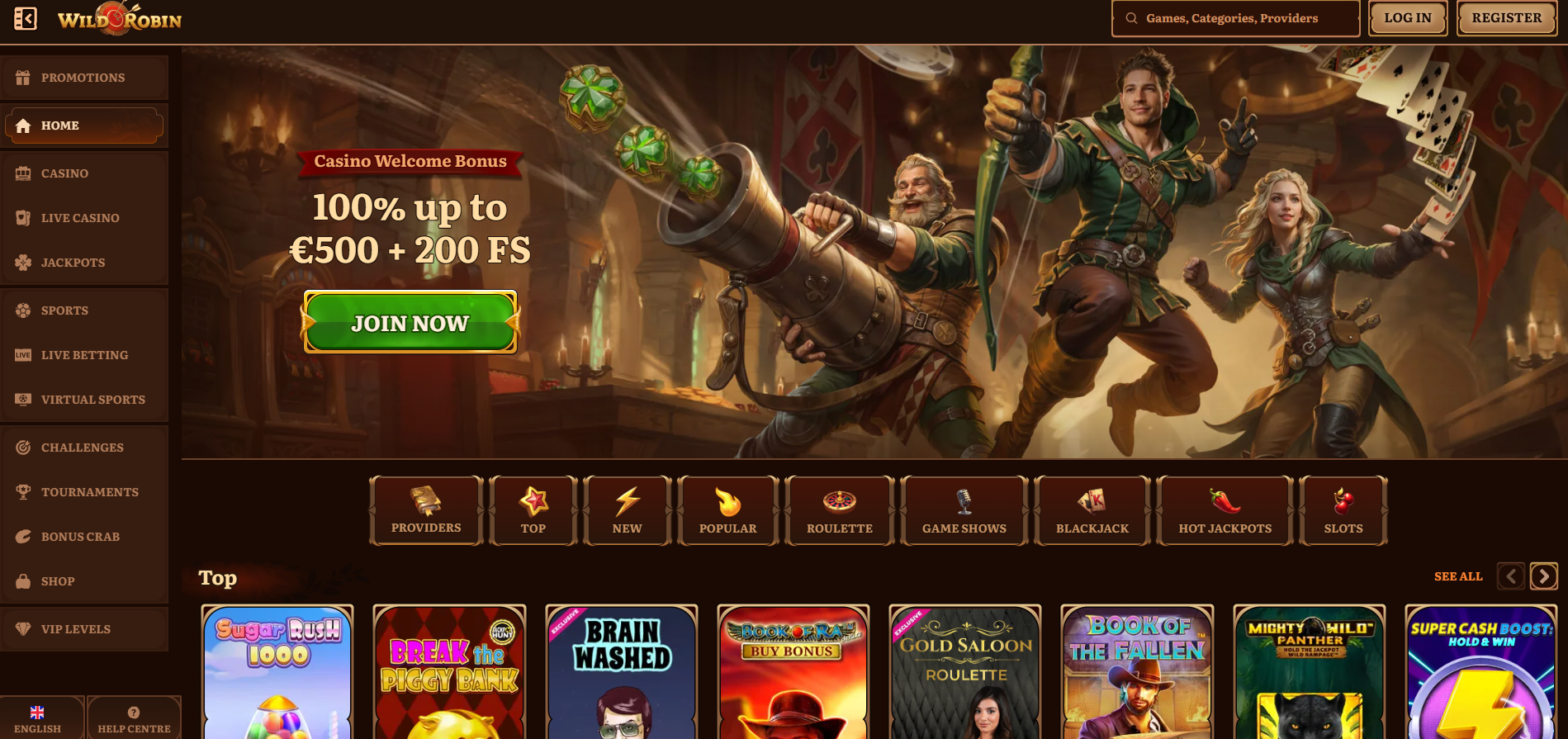 Wild Robin Casino screenshot: Homepage