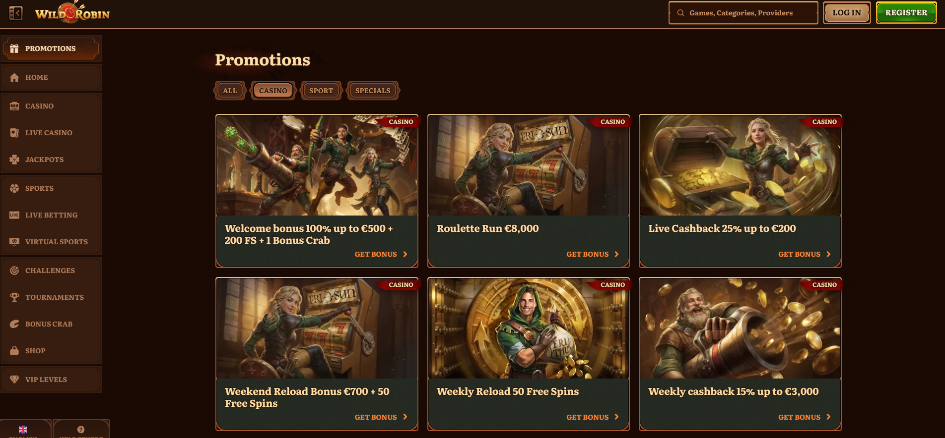 Wild Robin Casino screenshot: Promotions