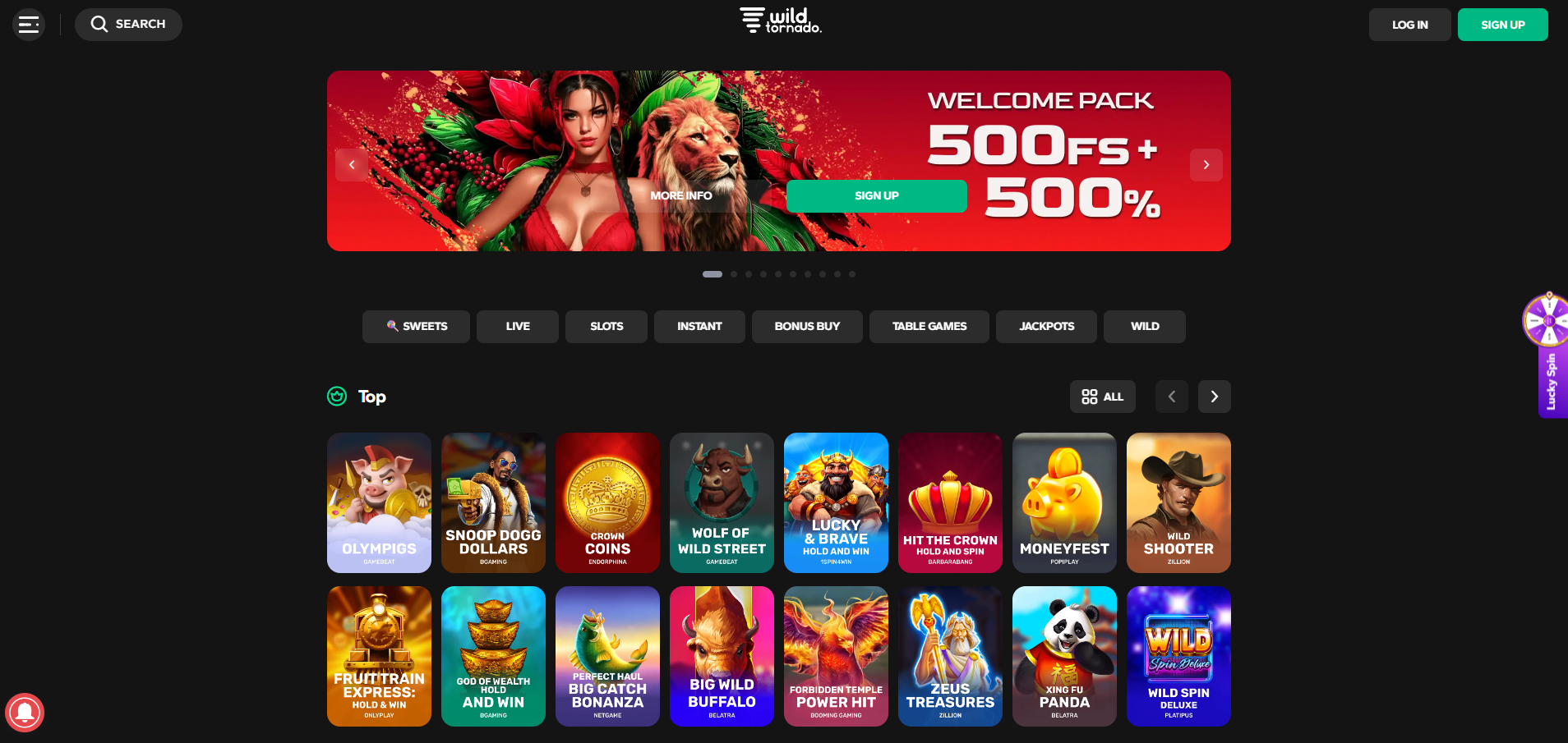 WildTornado Casino screenshot: Homepage