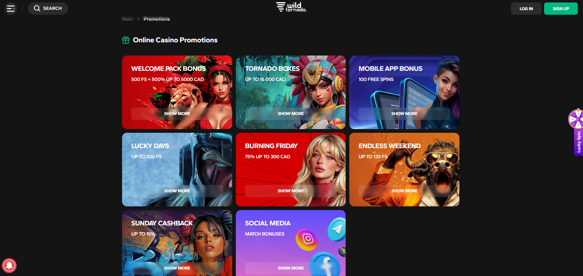 WildTornado Casino screenshot: Promotions