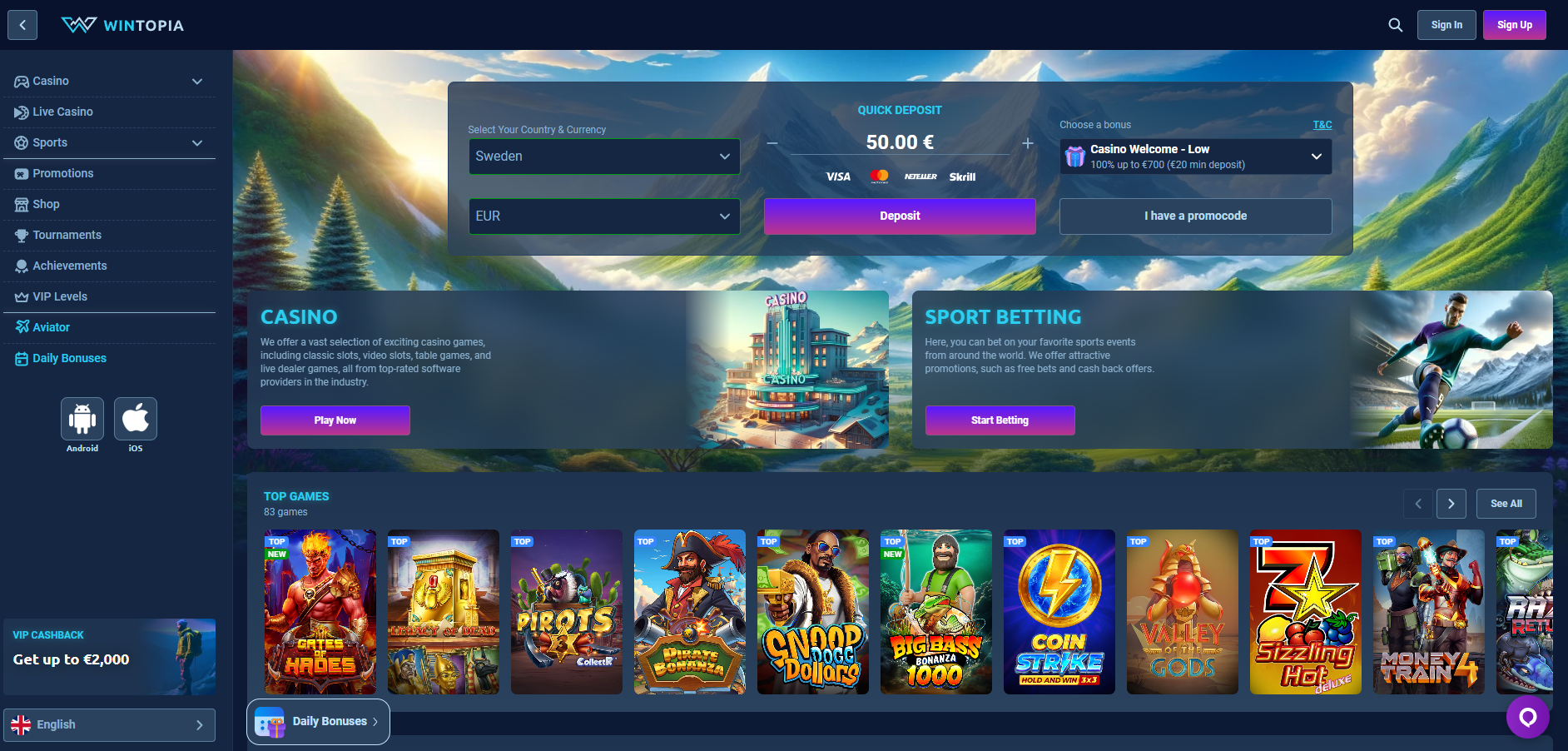 Wintopia screenshot: Homepage