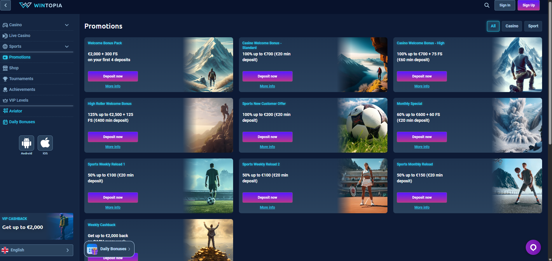 Wintopia screenshot: Promotions