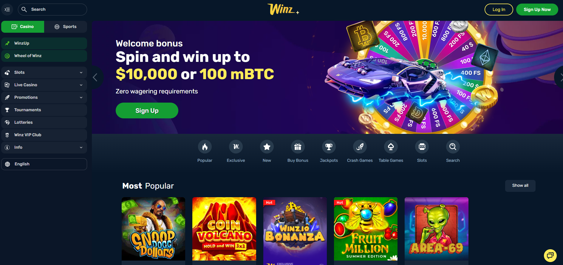 Winz Casino screenshot: Homepage
