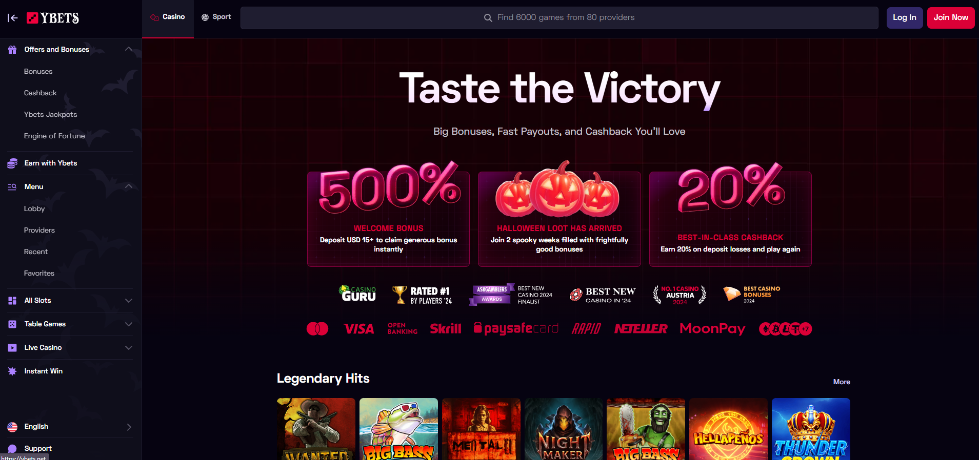 Ybets Casino screenshot: Homepage