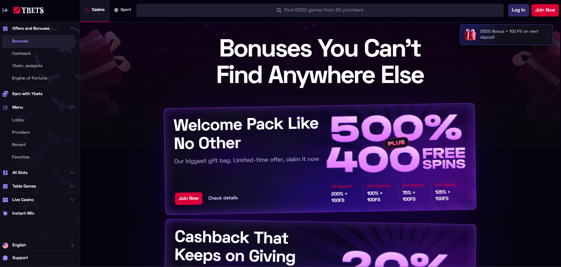 Ybets Casino screenshot: Promotions