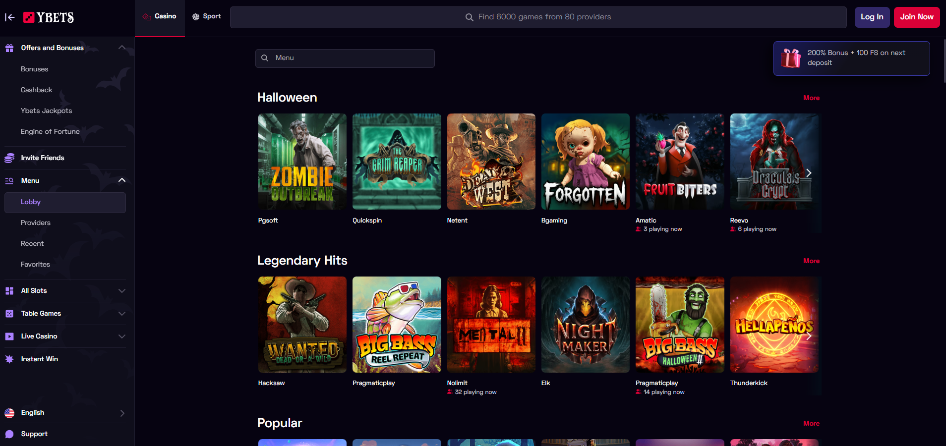 Ybets Casino screenshot: Slots