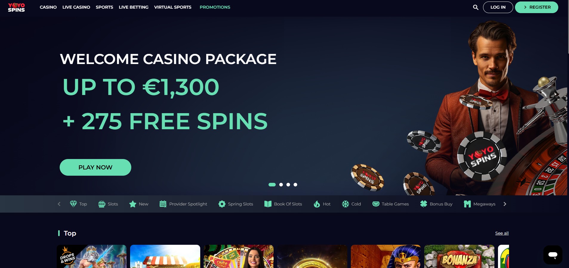 Yoyospins Casino screenshot: Homepage