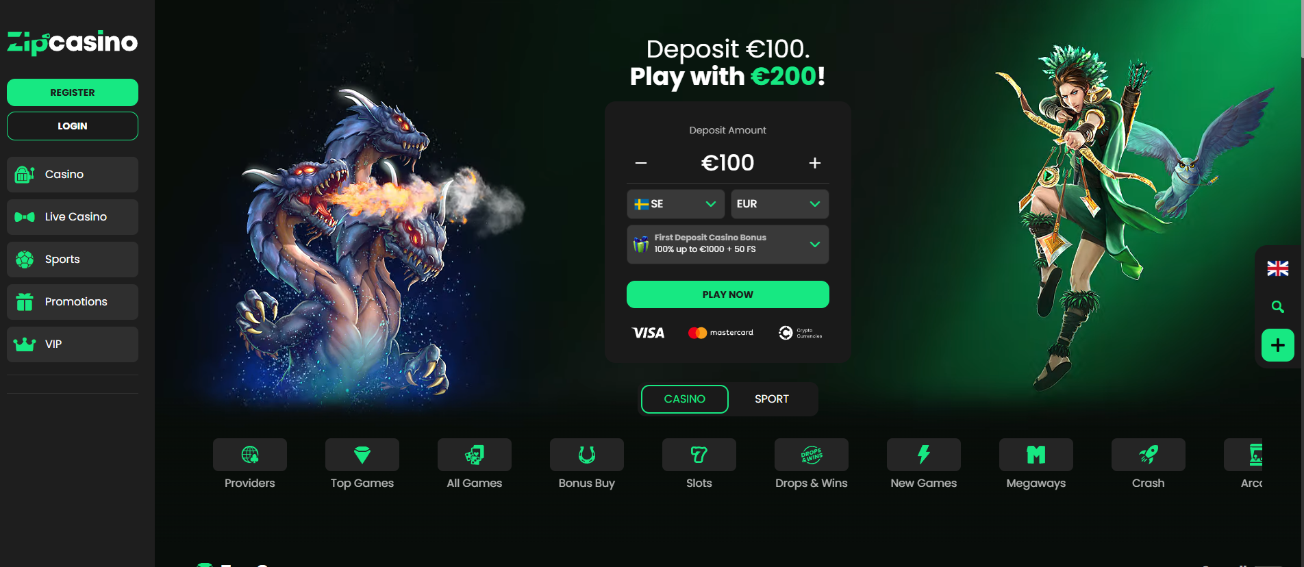 Zipcasino screenshot: Homepage