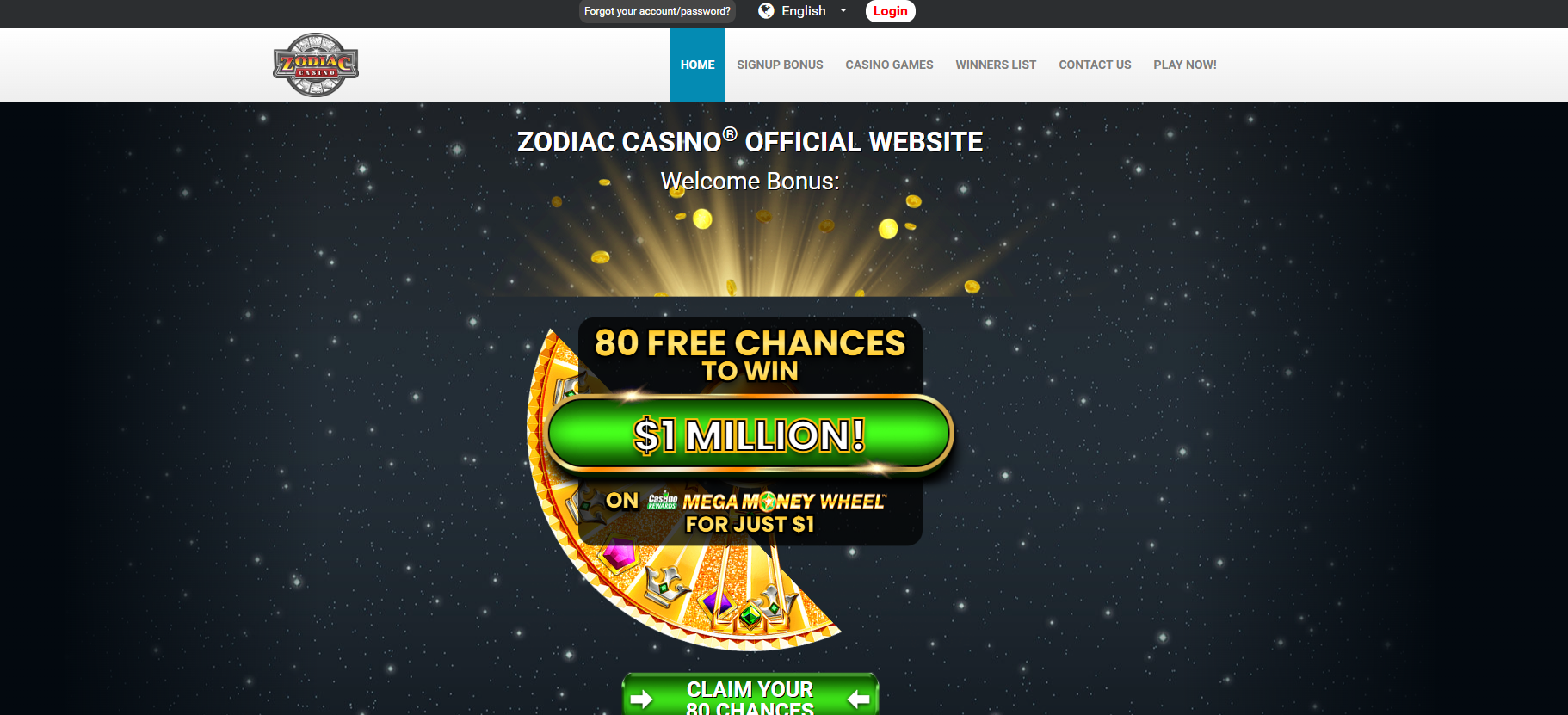 Zodiac Casino screenshot: Homepage