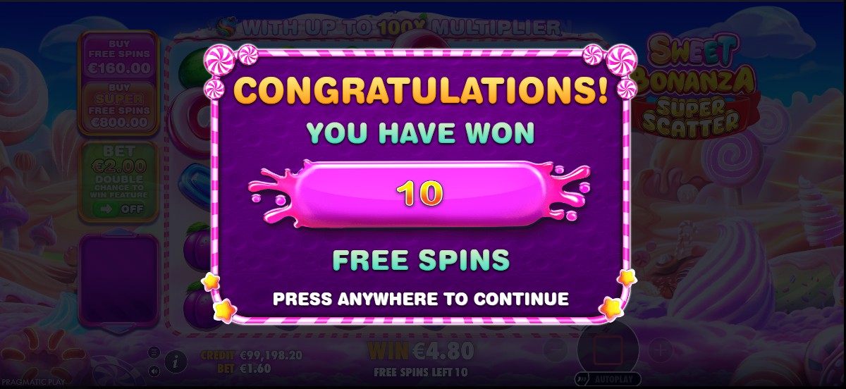Free spins round in Sweet Bonanza Super Scatter
